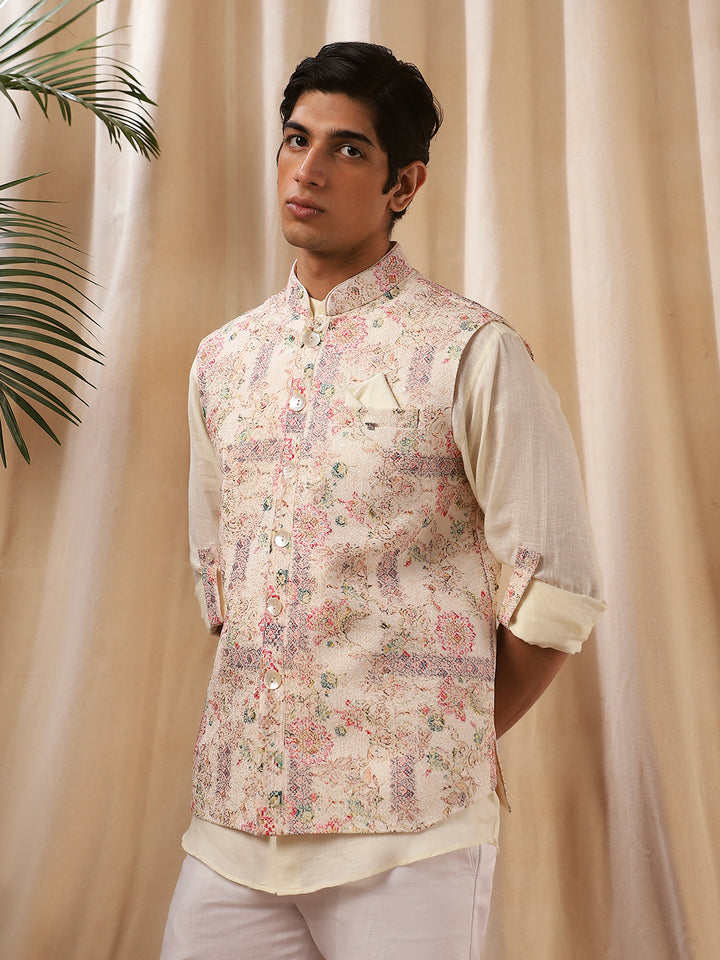 Multi-Color Printed Linen Bandi Shirt for Men