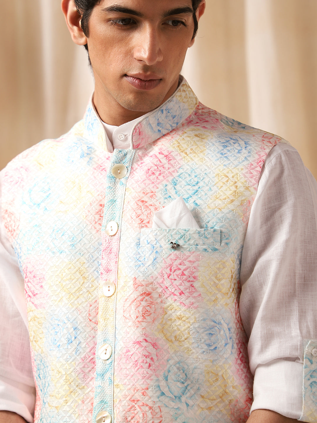 Multi-Colored Linen Printed Bandi Shirt