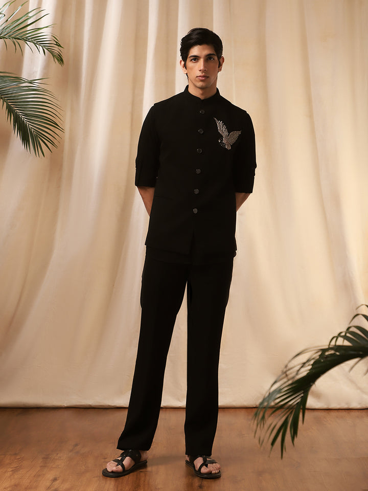 Black Linen Embroidered Rose Bandishirt for Men