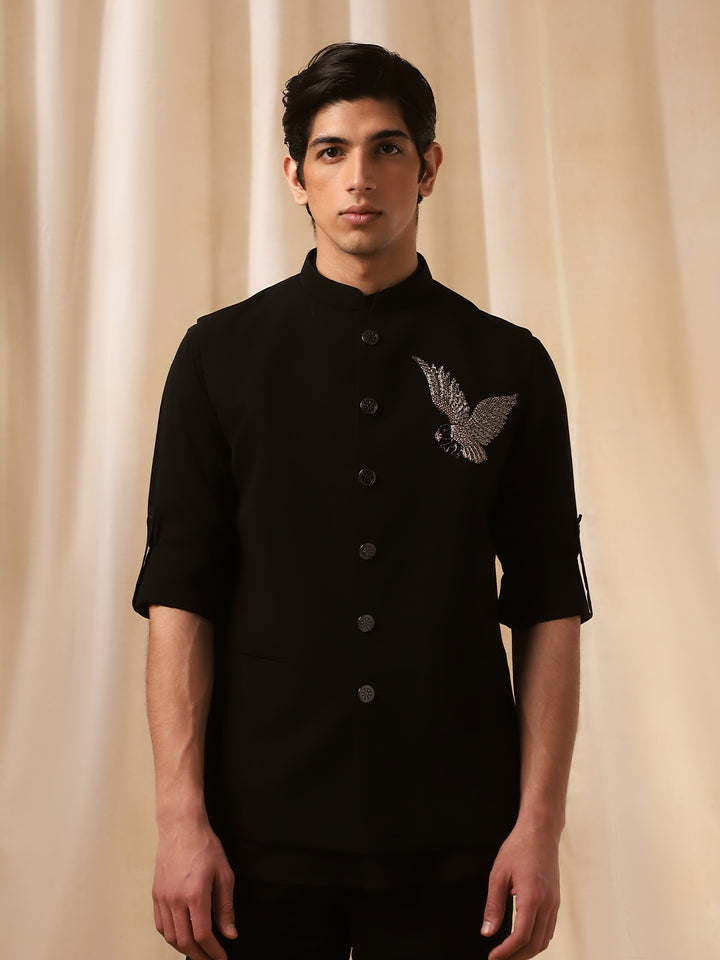 Black Linen Embroidered Rose Bandishirt for Men