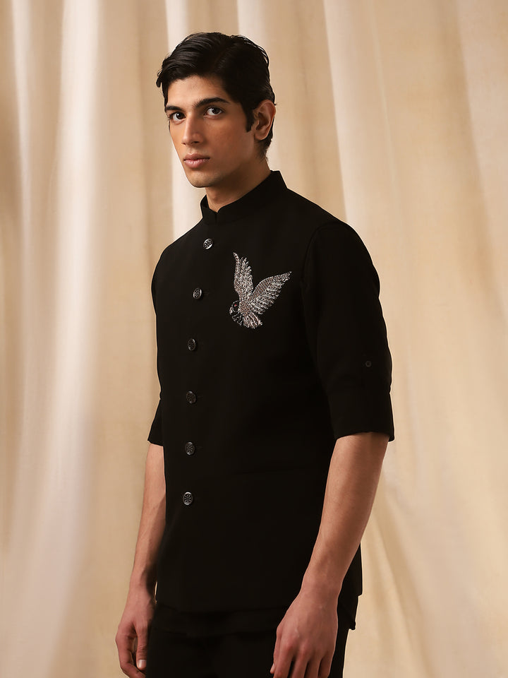 Black Linen Embroidered Rose Bandishirt for Men