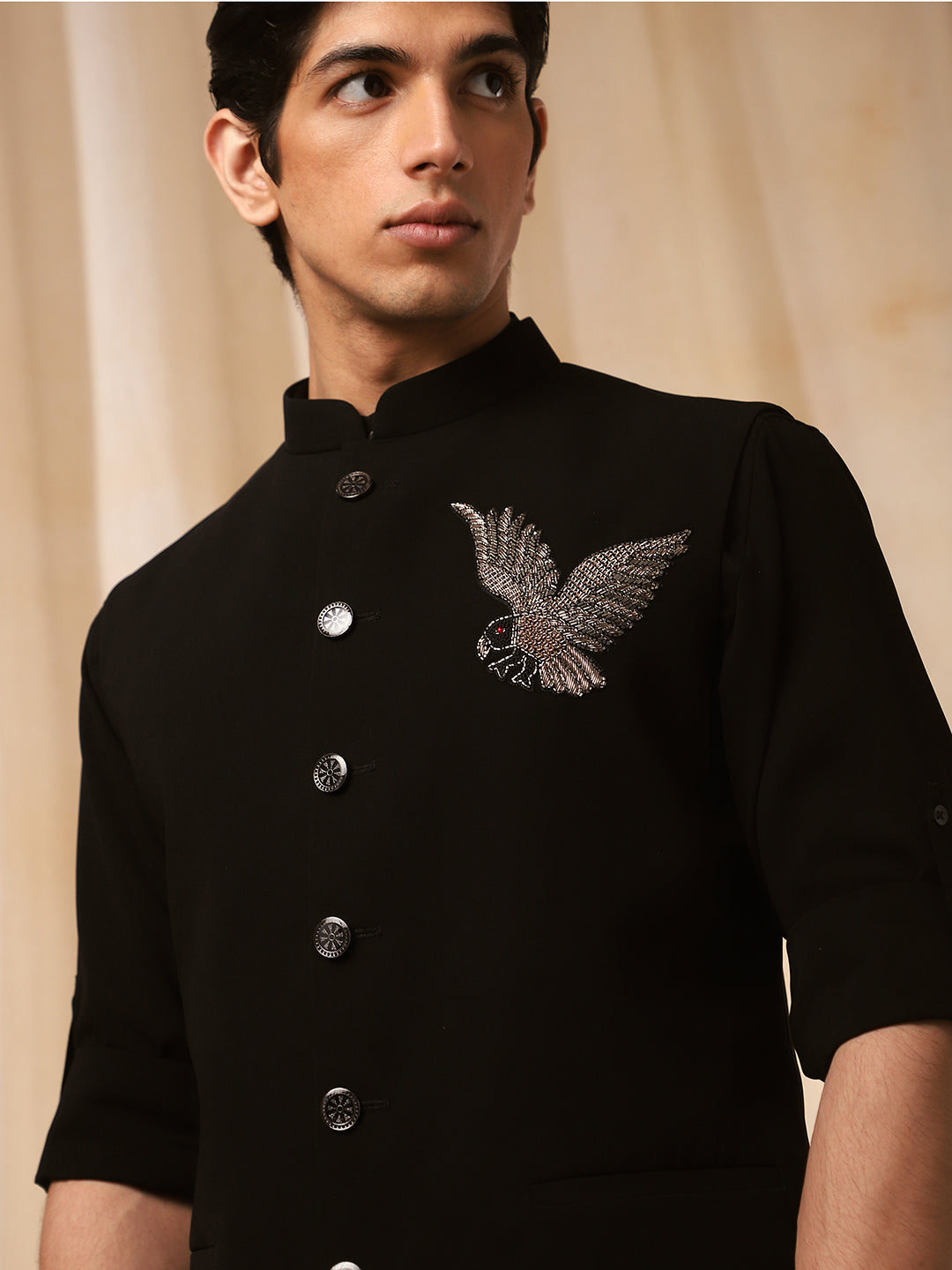 Black Linen Embroidered Rose Bandishirt for Men