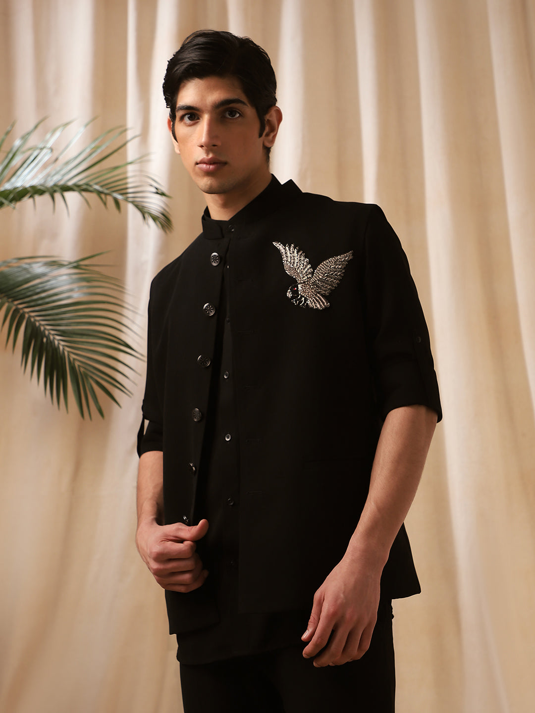 Black Linen Embroidered Rose Bandishirt for Men