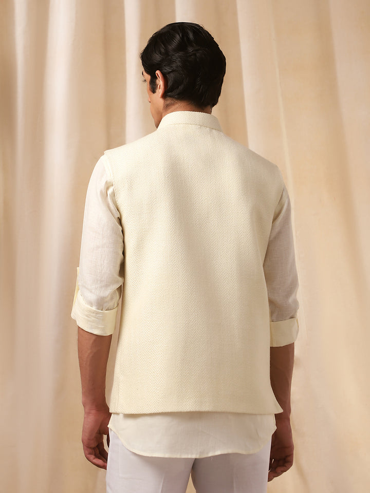 Cream Linen Embroidered Bandi  with Matka Silk Shirt