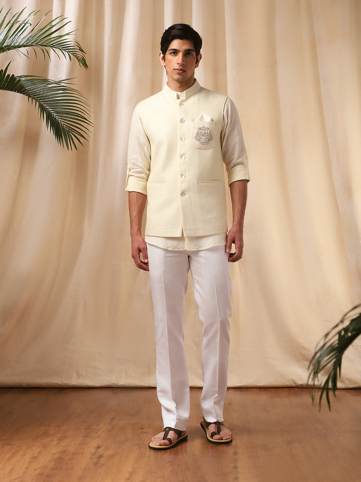 Cream Linen Embroidered Bandi  with Matka Silk Shirt