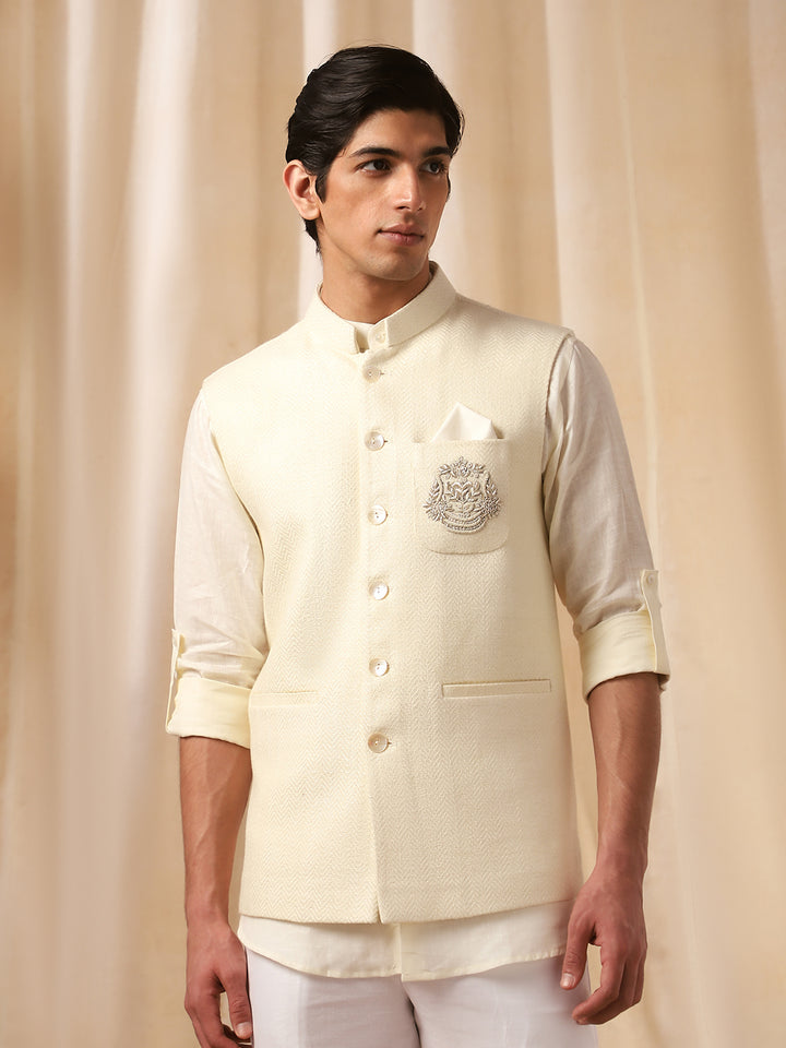 Cream Linen Embroidered Bandi  with Matka Silk Shirt