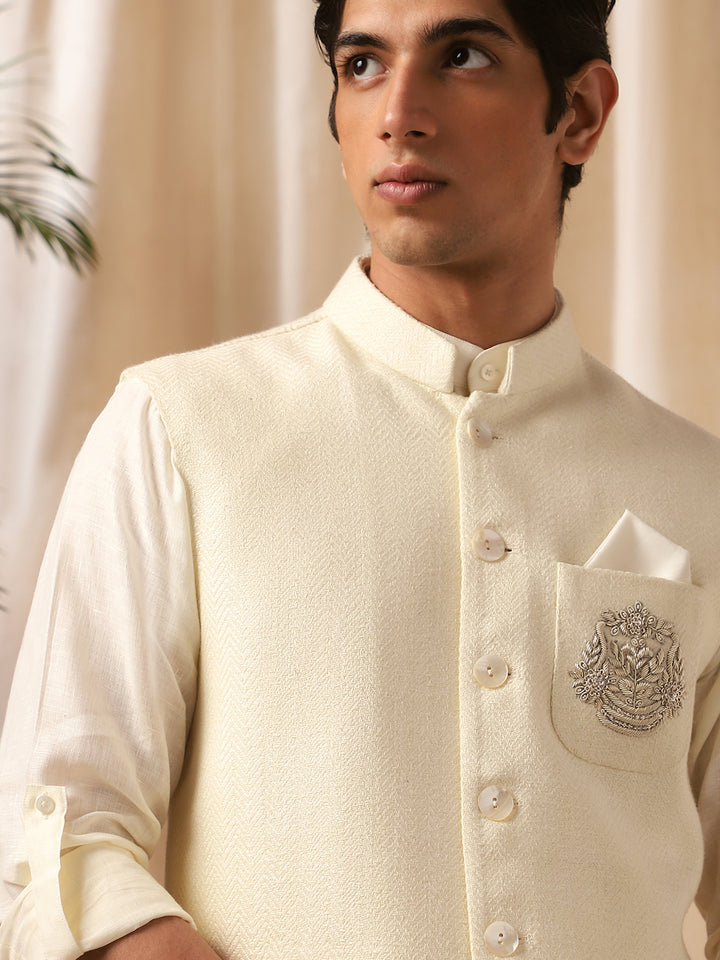 Cream Linen Embroidered Bandi  with Matka Silk Shirt