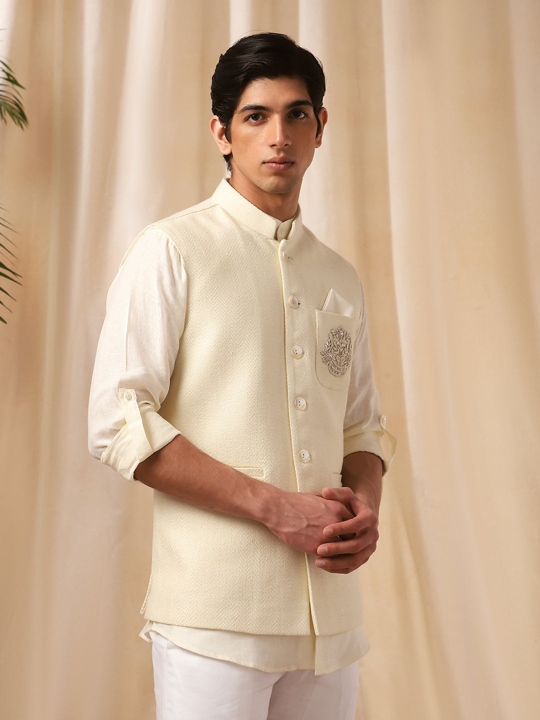 Cream Linen Embroidered Bandi  with Matka Silk Shirt