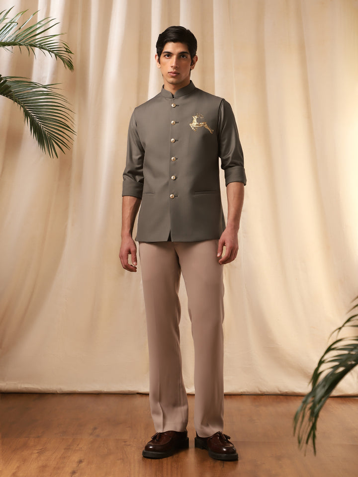 Olive Linen Embroidered Full Sleeve Bandi Shirt