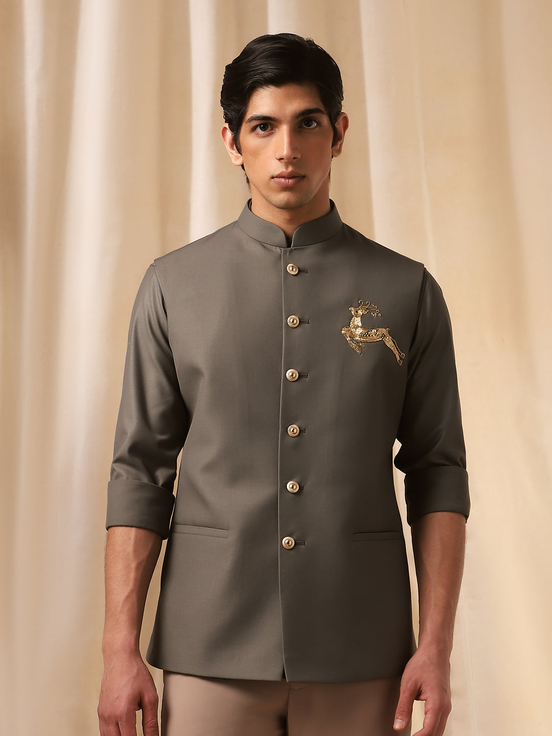 Olive Linen Embroidered Full Sleeve Bandi Shirt