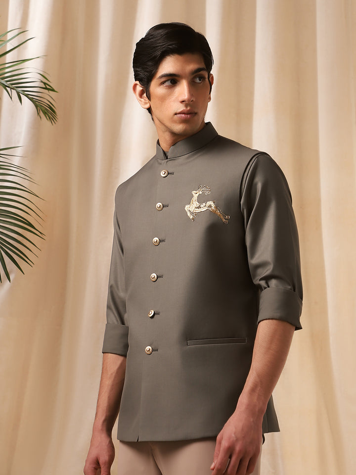 Olive Linen Embroidered Full Sleeve Bandi Shirt