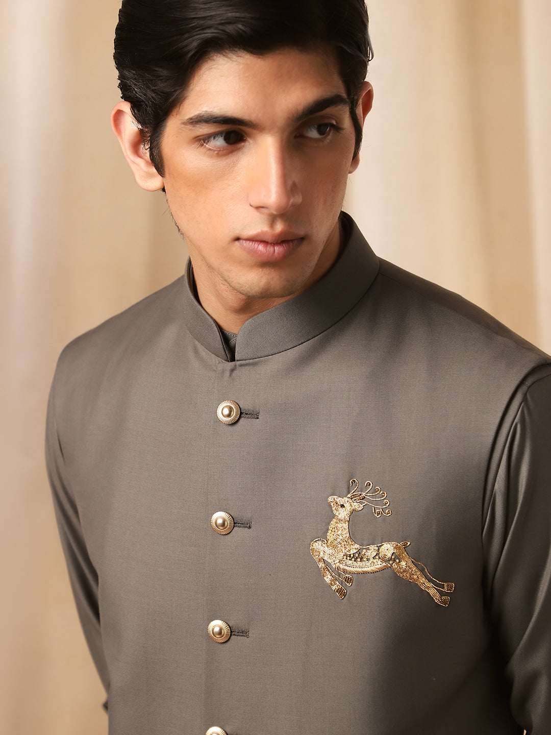 Olive Linen Embroidered Full Sleeve Bandi Shirt