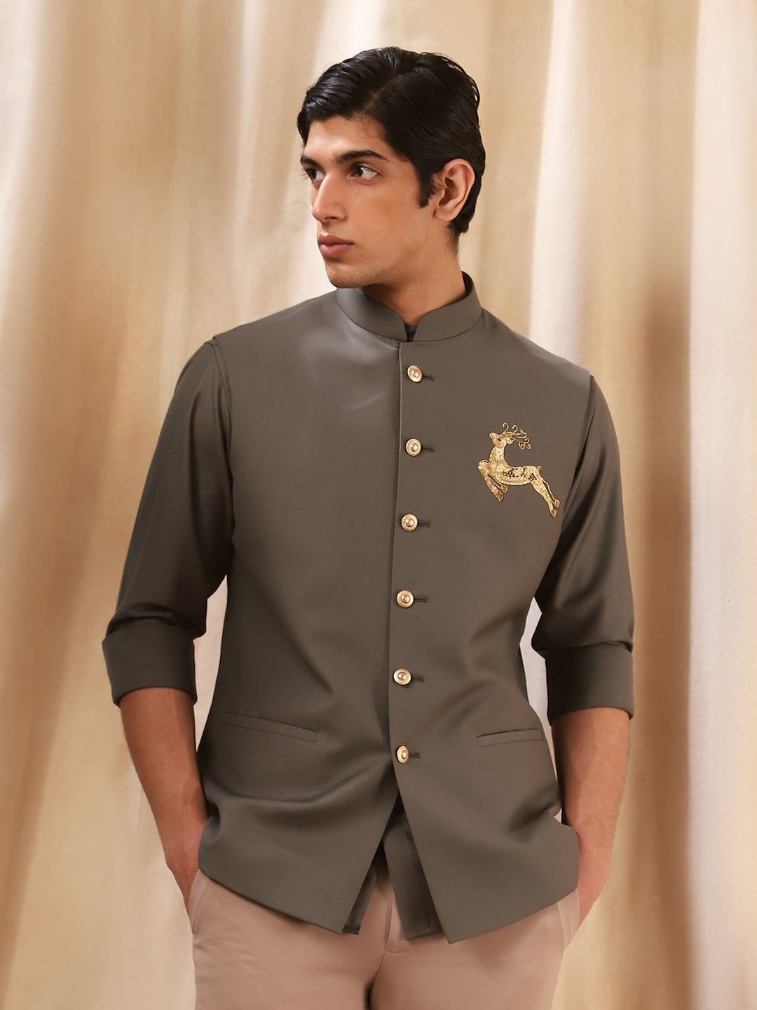 Olive Linen Embroidered Full Sleeve Bandi Shirt