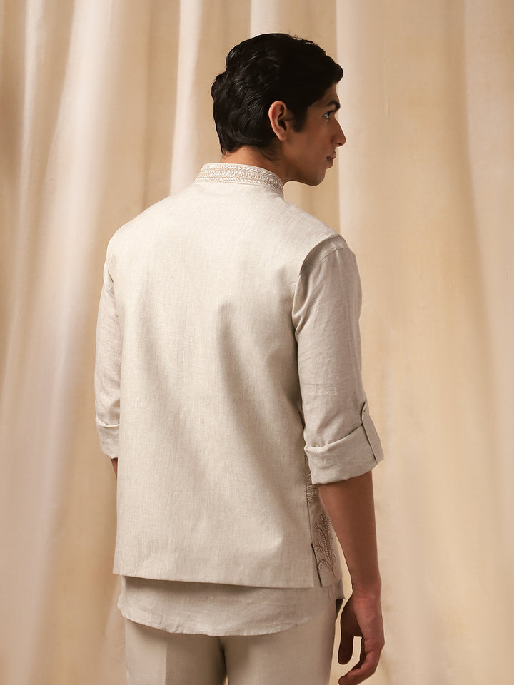 Natural Linen Embroidered Full Sleeve Bandi Shirt