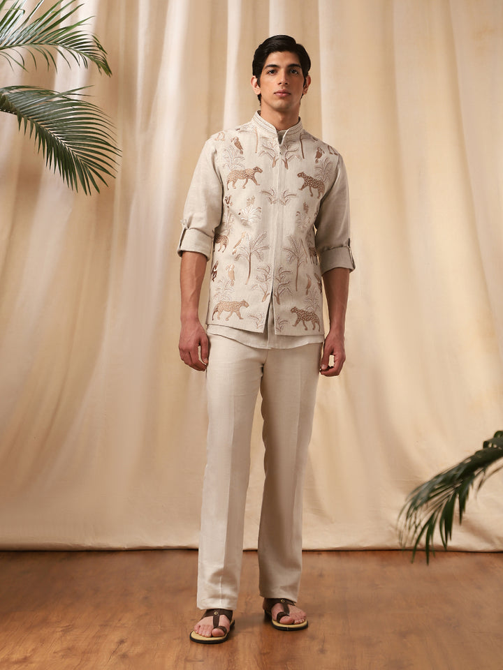 Natural Linen Embroidered Full Sleeve Bandi Shirt