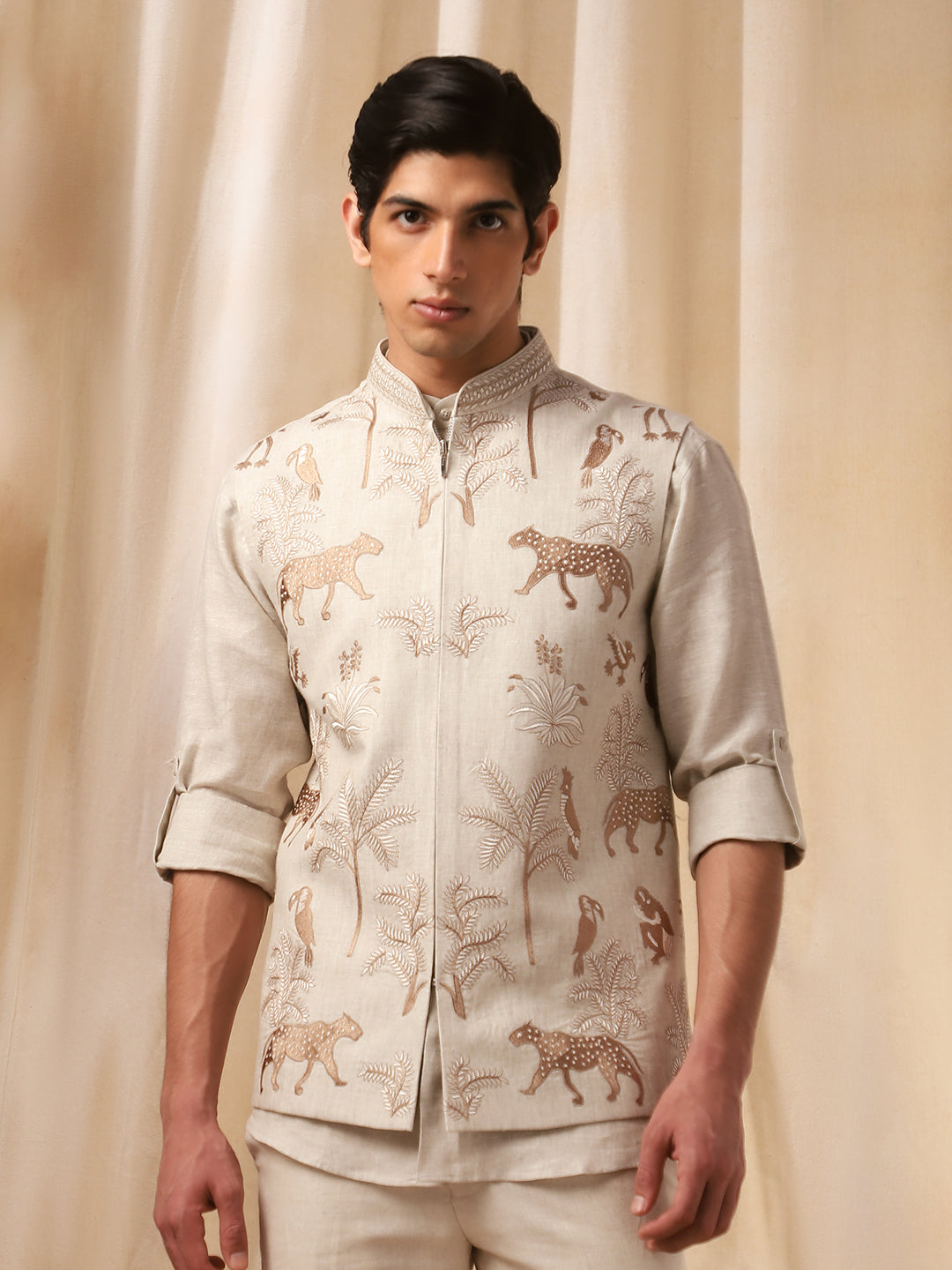 Natural Linen Embroidered Full Sleeve Bandi Shirt