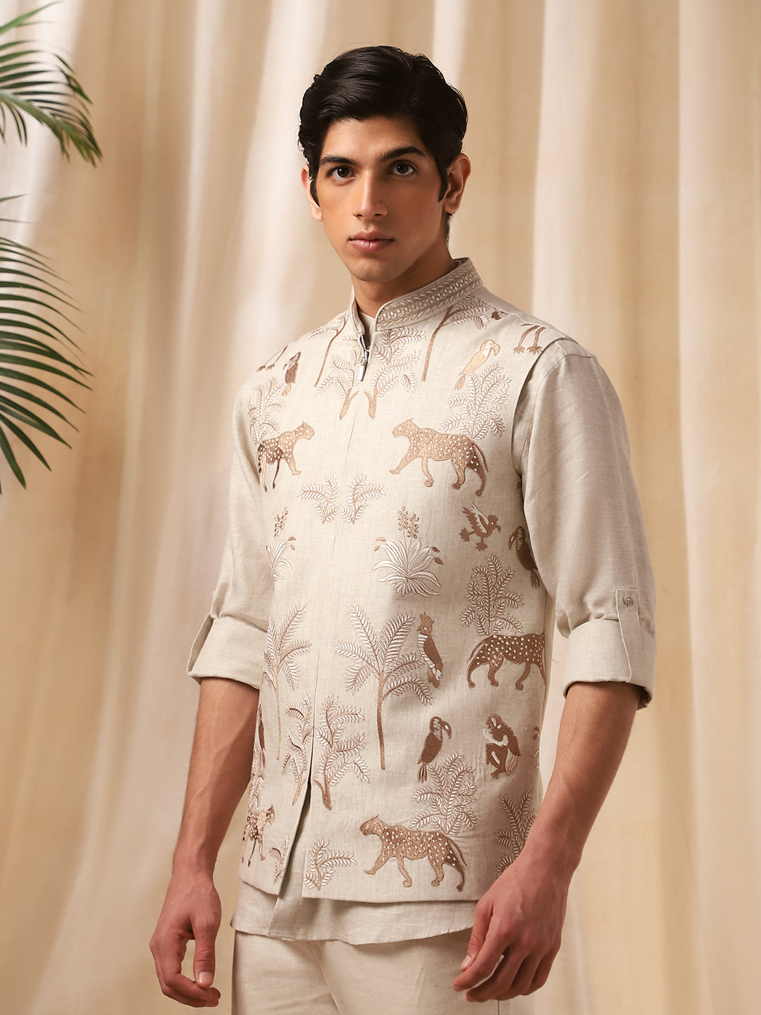 Natural Linen Embroidered Full Sleeve Bandi Shirt