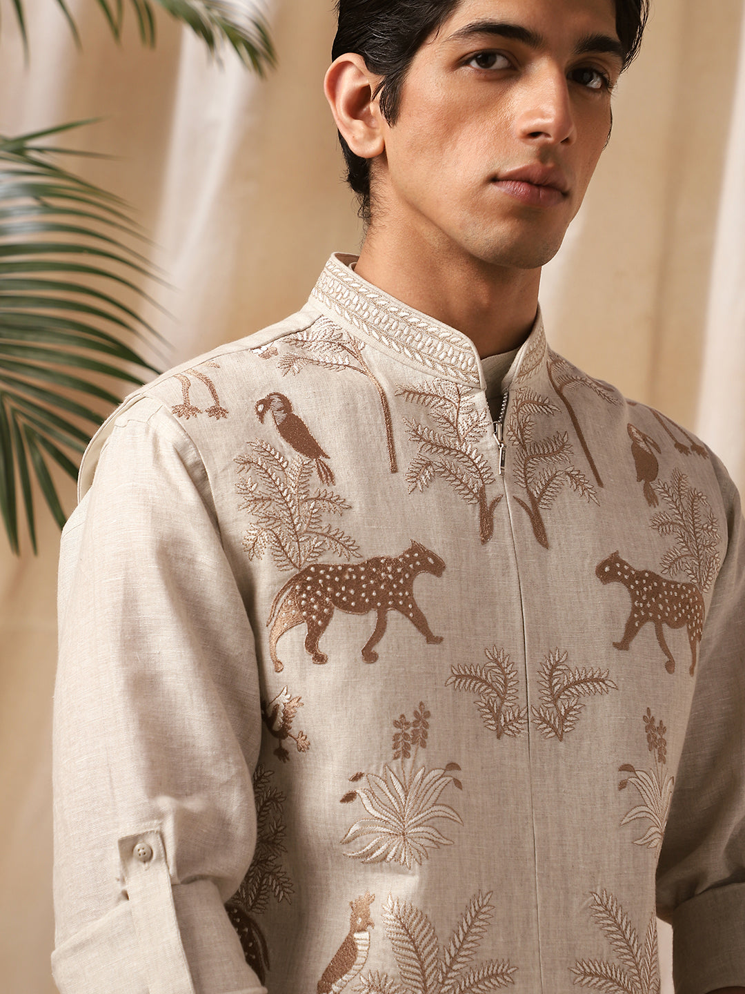 Natural Linen Embroidered Full Sleeve Bandi Shirt