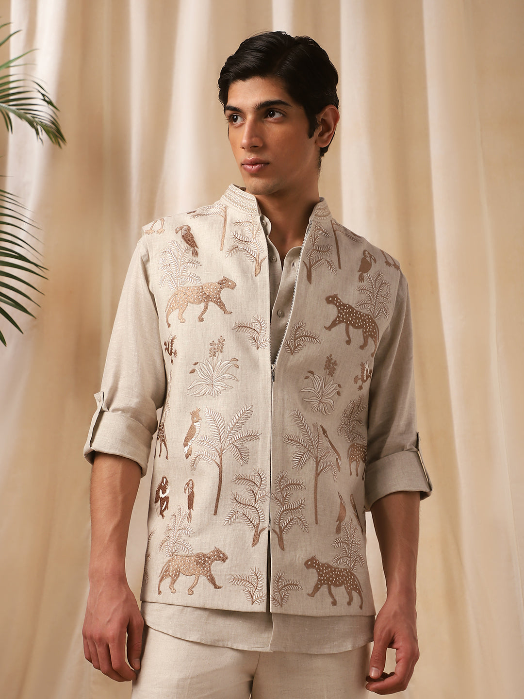 Natural Linen Embroidered Full Sleeve Bandi Shirt