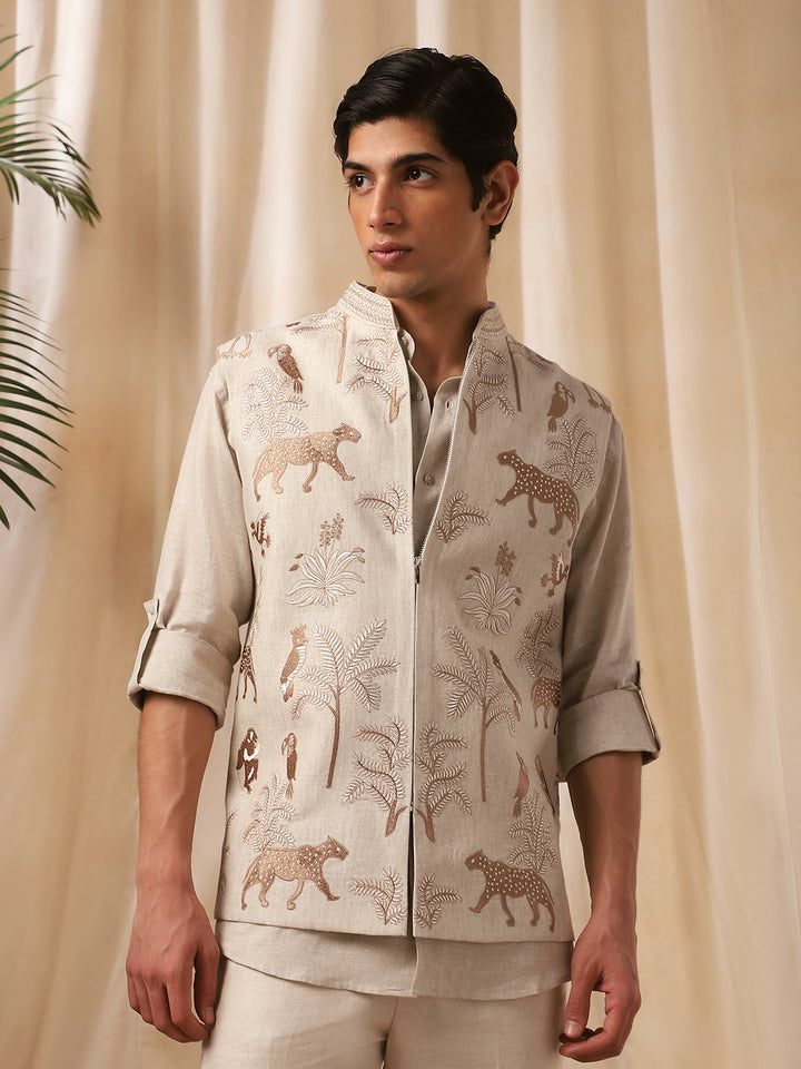 Natural Linen Embroidered Full Sleeve Bandi Shirt