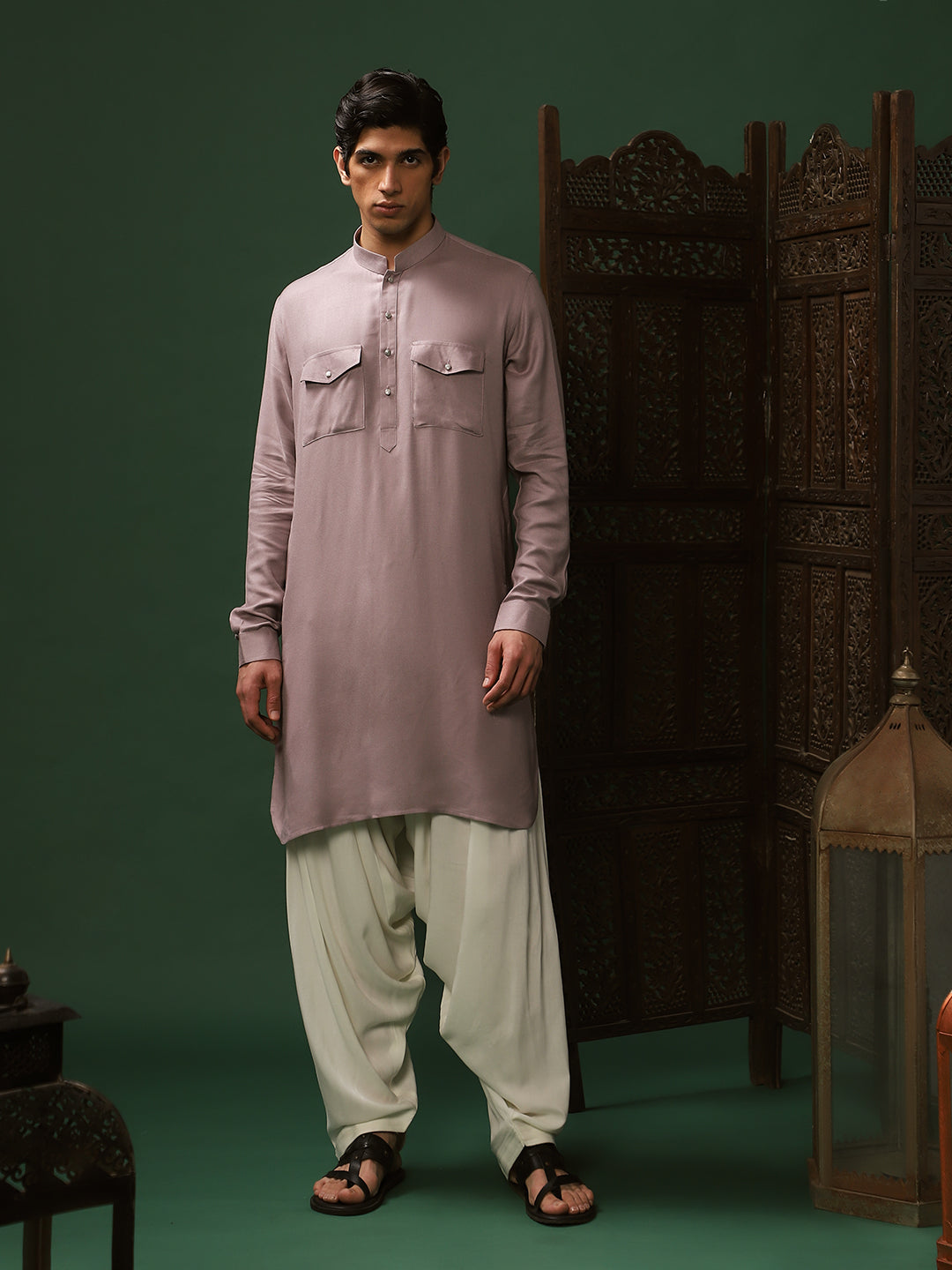 Mauve Rayon Kurta Pant Set for Men