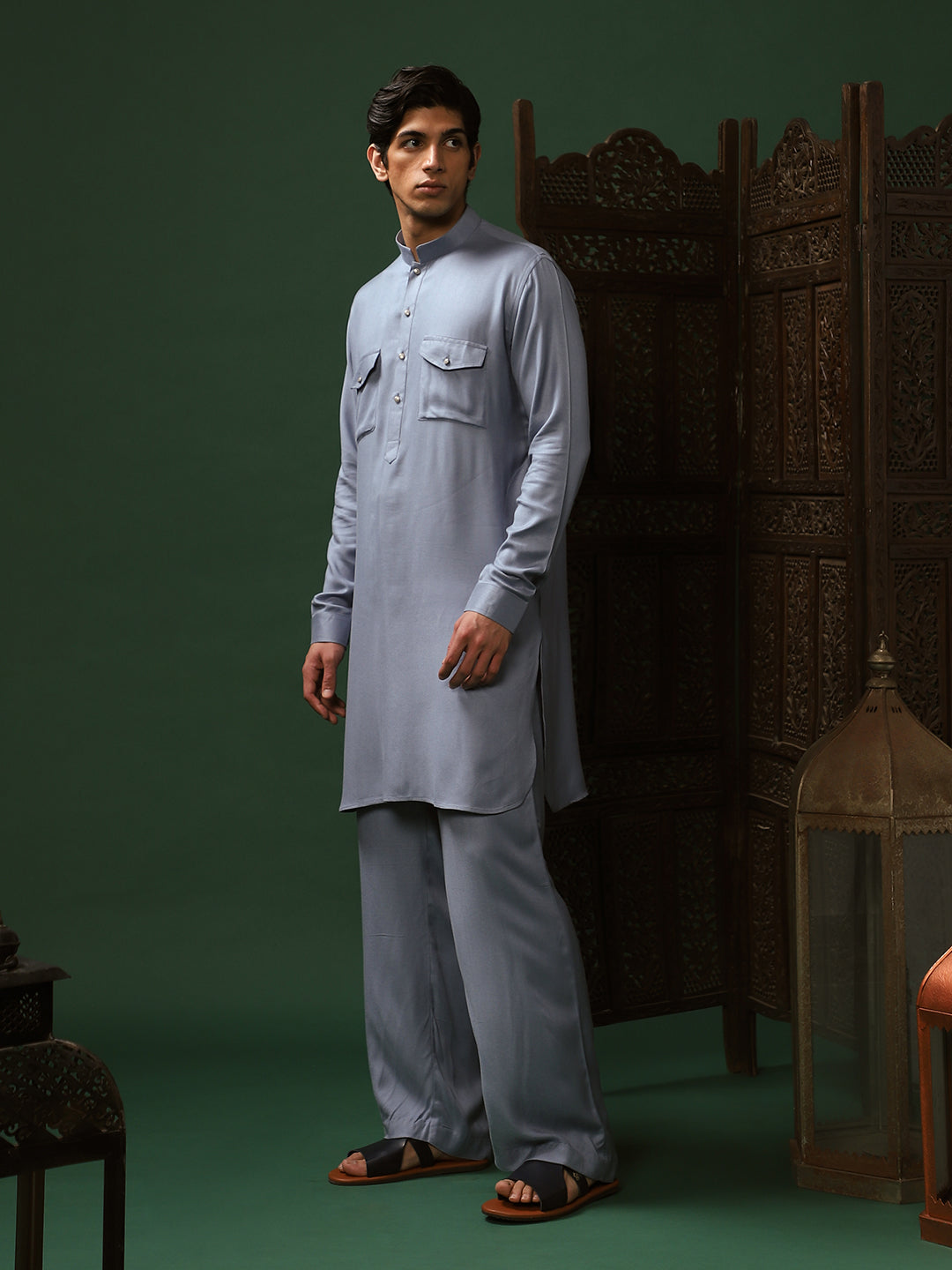 Teal Blue Rayon Kurta Pant Set for Men