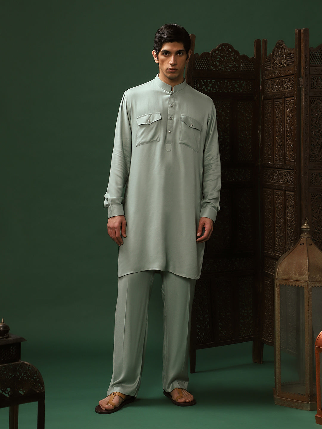 Sea Green Rayon Kurta Pant Set for Men