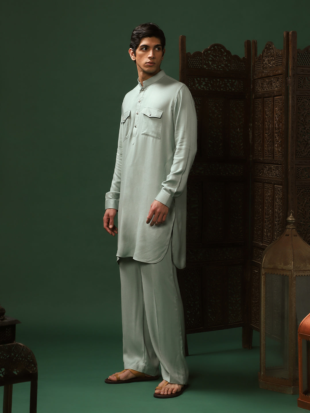 Sea Green Rayon Kurta Pant Set for Men