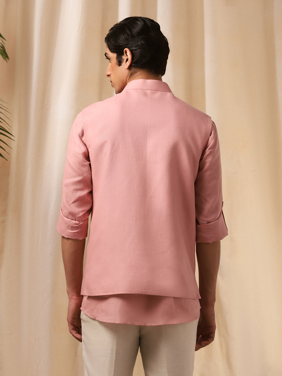 Onion Pink Linen Embroidered Bandi Shirt