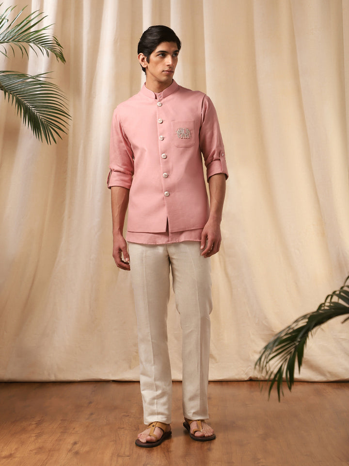 Onion Pink Linen Embroidered Bandi Shirt