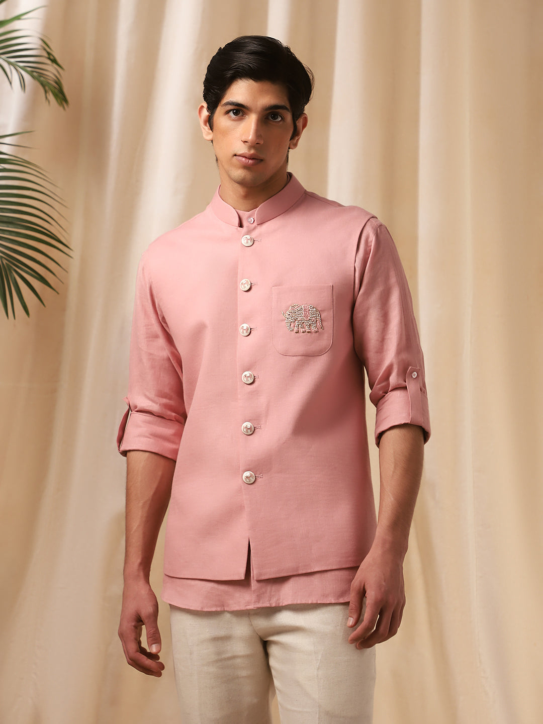 Onion Pink Linen Embroidered Bandi Shirt