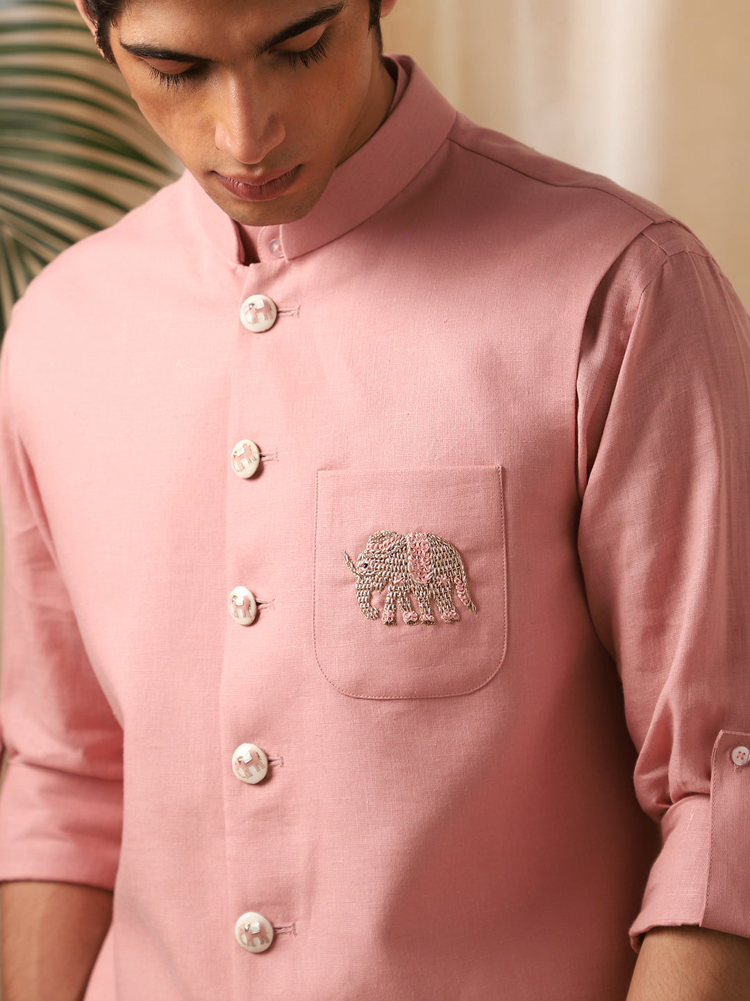 Onion Pink Linen Embroidered Bandi Shirt