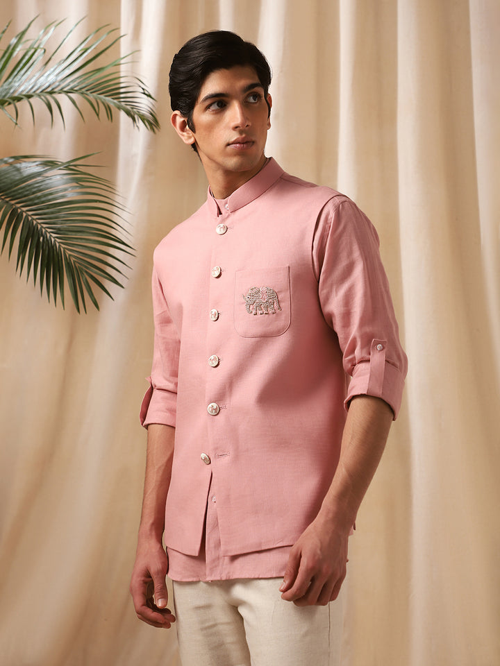 Onion Pink Linen Embroidered Bandi Shirt