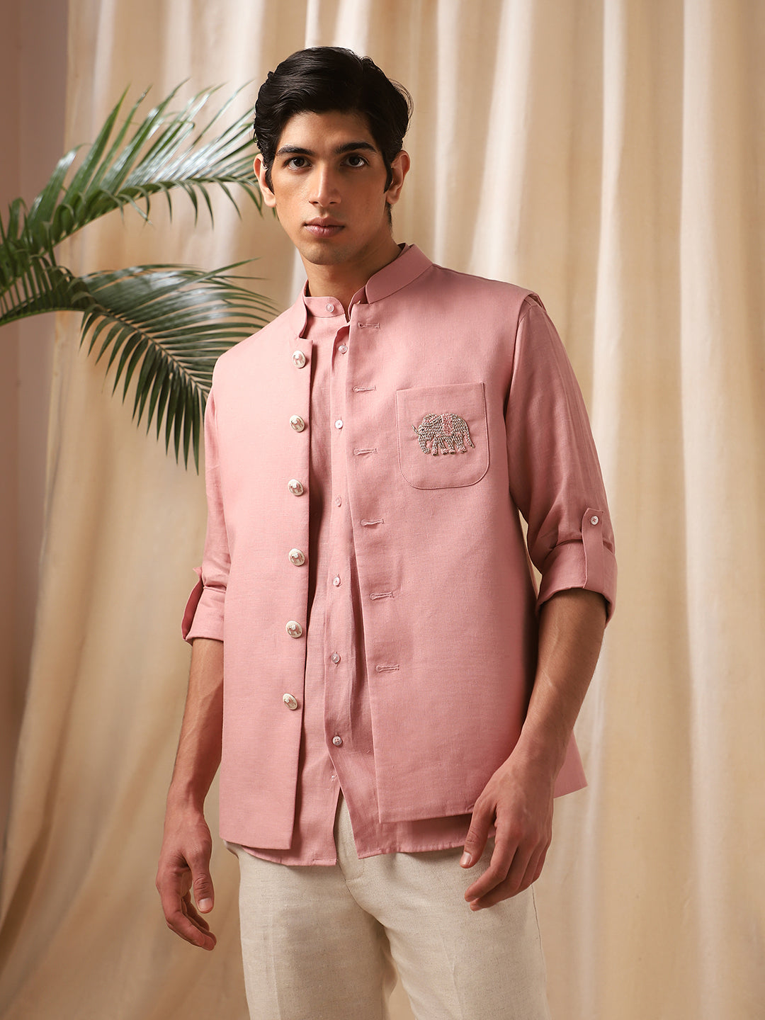 Onion Pink Linen Embroidered Bandi Shirt