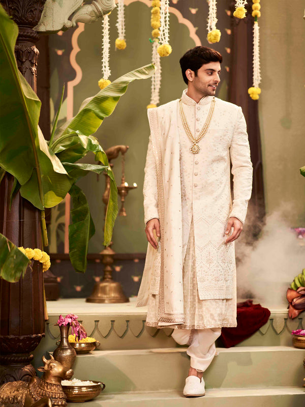 Muhurtham set with self-thread embroidery on Sherwani, Choga, Dupatta, and Chudidar