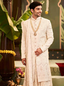 Muhurtham set with self-thread embroidery on Sherwani, Choga, Dupatta, and Chudidar - KORANM
