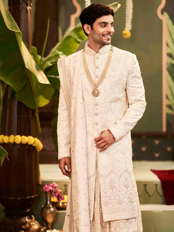 Muhurtham set with self-thread embroidery on Sherwani, Choga, Dupatta, and Chudidar - KORANM