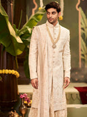 Muhurtham set with self-thread embroidery on Sherwani, Choga, Dupatta, and Chudidar - KORANM
