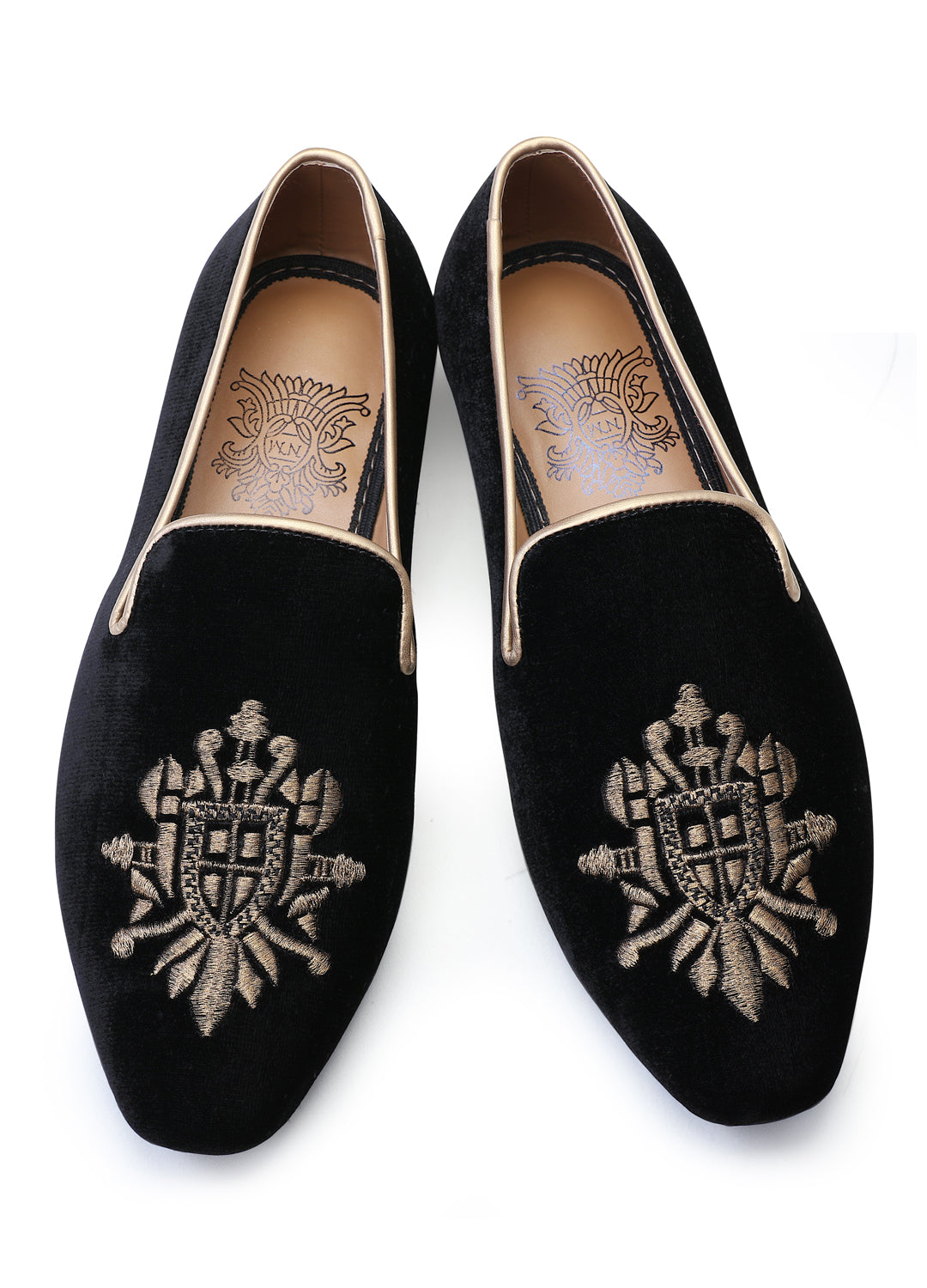 Black Velvet Hand Crafted Light Gold Embroidered Shoes
