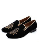 Black Velvet Hand Crafted Light Gold Embroidered Shoes
