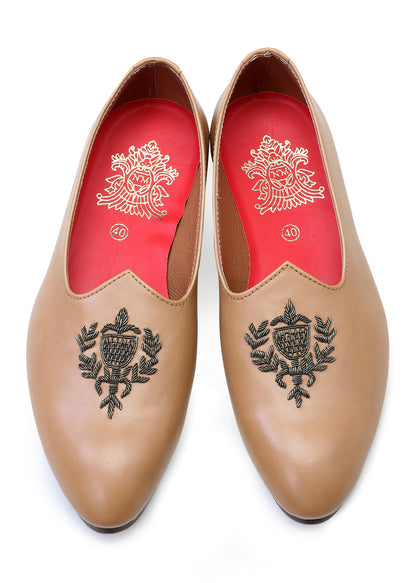 Beige Hand Crafted Zardoshi Embroidered Semi-Leather jutti
