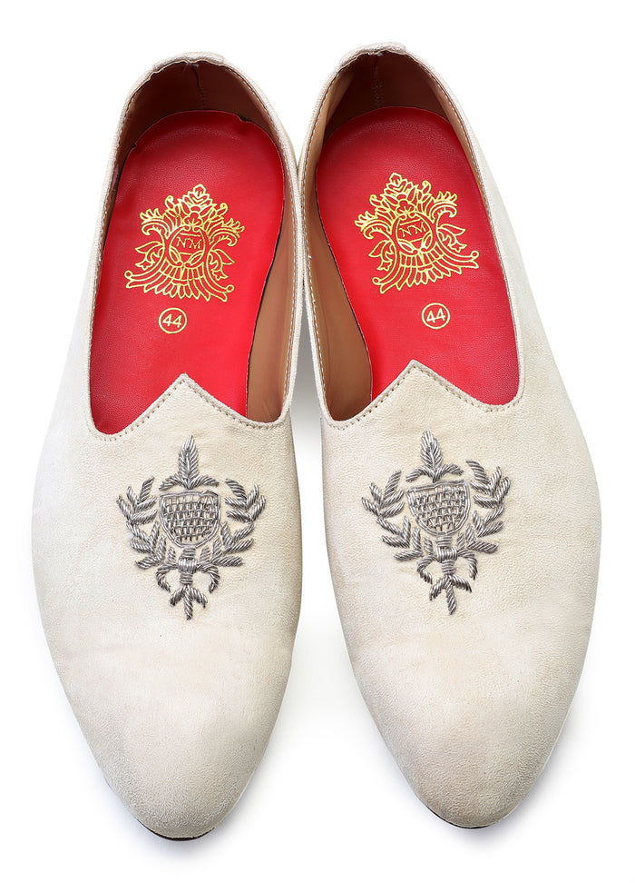 Cream Hand Crafted Zardoshi Embroidered Suede Jutti - KORANM