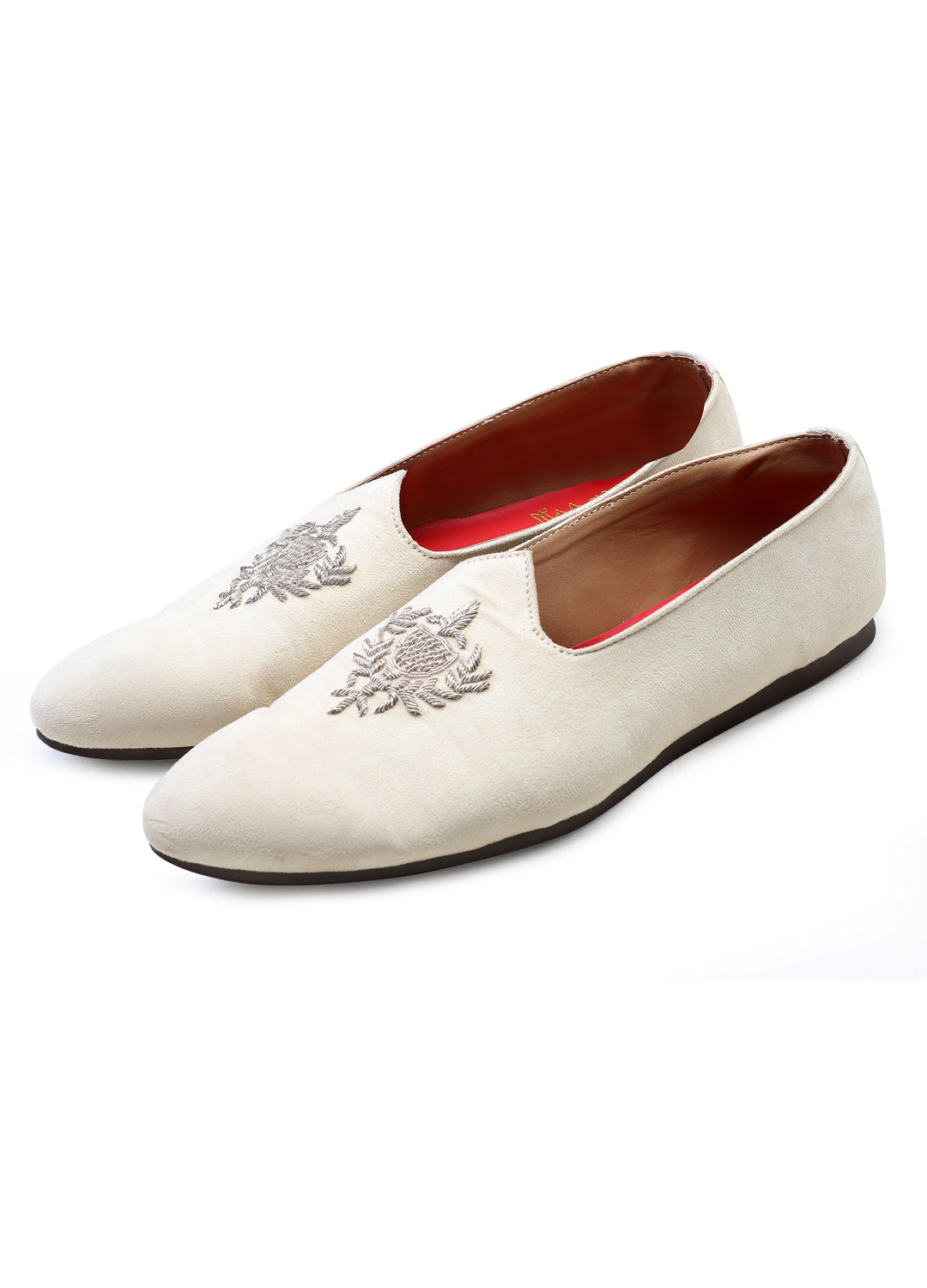 Cream Hand Crafted Zardoshi Embroidered Suede Jutti - KORANM