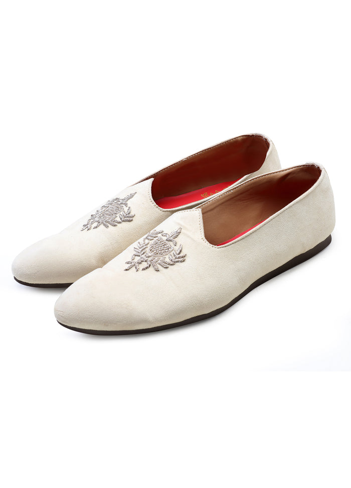 Cream Hand Crafted Zardoshi Embroidered Suede Jutti - KORANM