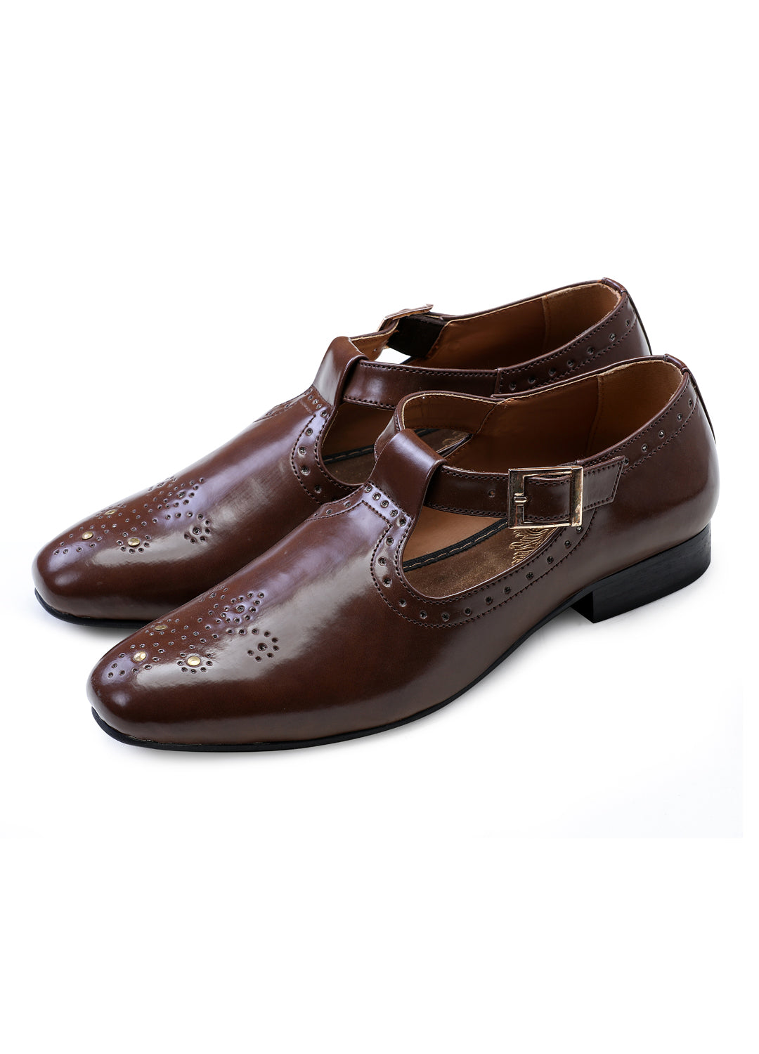 Coffee Handcrafted Punched Semi-Leather Sandals - KORANM