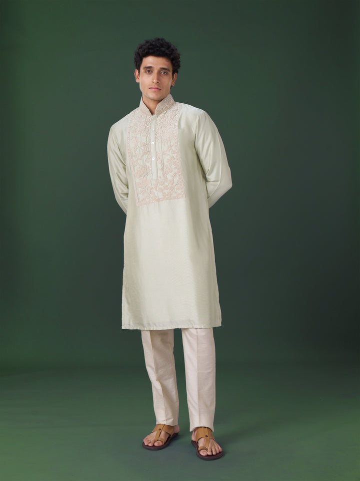 Pista Embroidered Silk Kurta Set with Alighari