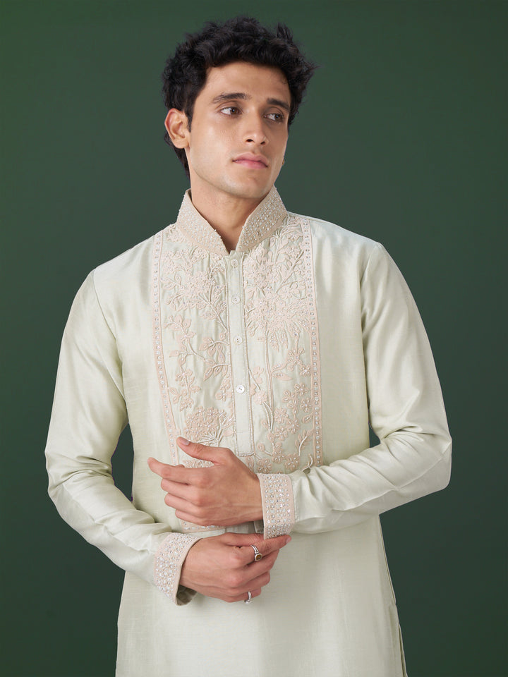 Pista Embroidered Silk Kurta Set with Alighari