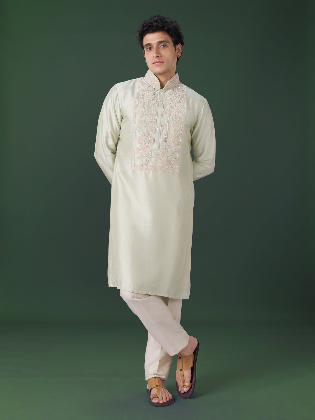 Pista Embroidered Silk Kurta Set with Alighari