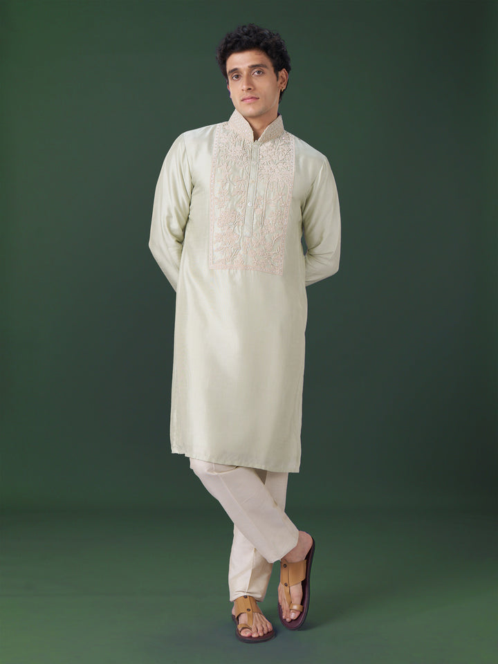 Pista Embroidered Silk Kurta Set with Alighari
