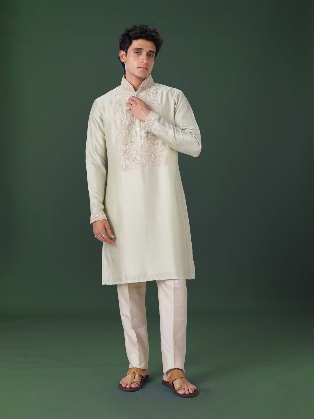 Pista Embroidered Silk Kurta Set with Alighari